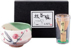 Japanese Traditional Mino Ware Handcrafted Mini Matcha Chawan Tea Bowl Cup Set with Chasen Bamboo Tea Whisk Ceremony Tableware Pottery (Oribe Ume) by WarakuFuuka