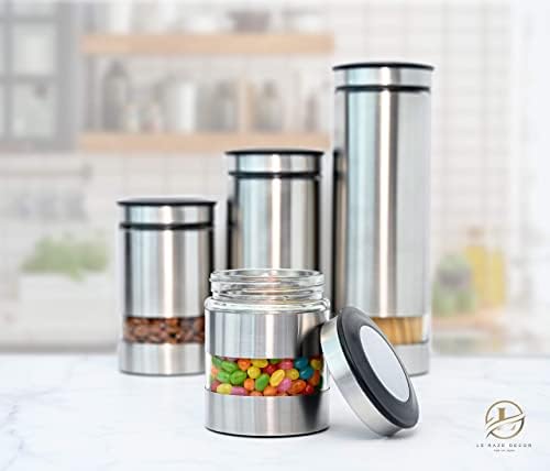 Le'raze Airtight Glass Canister Set of 4 with Stainless Steel Sleeve for Kitchen Counter - Food Storage Containers with Glass Window and Airtight Lids - Pantry Storage and Organization Set - Image 7