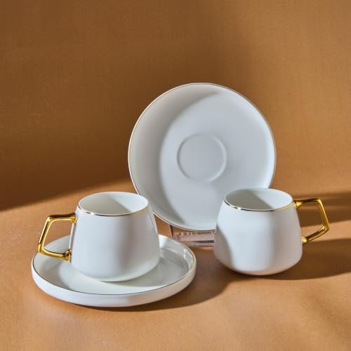 White Porcelain Cup and Saucer Set with Gold Handle, Set of 2 by Unknown