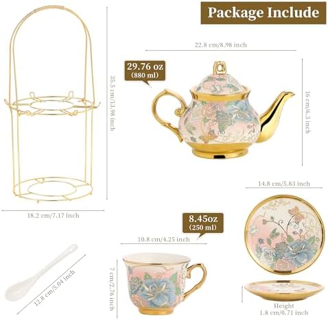 20 Pieces Porcelain Tea Set With Metal Holder, European Ceramic tea set for adults,Flower Tea Set,Tea Set For Women With Flower Painting (VIVID YELLOW, Largr Vision) - Image 5