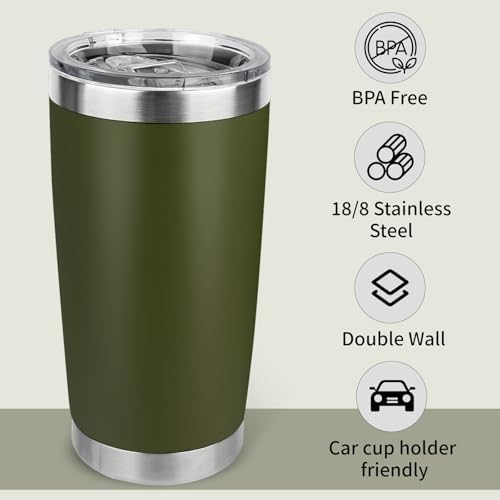 20oz Stainless Steel Tumbler Bulk with Lid, Travel Mug - Double Wall Vacuum Powder Coated Cup - Army Green, 12 Pack - Image 3