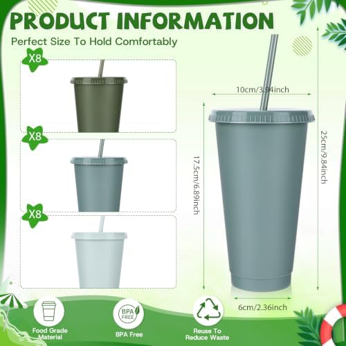 24 Pack Plastic Tumblers with Lids and Straws, Reusable Cups with Lids Plastic Colorful Cups for Parties Birthdays, Iced Coffee Cup Cold Drink Cups Bulk Tumblers (24 oz, Gradient Sage Green Colors) - Image 2