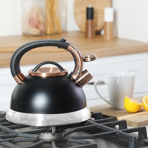 Mr. Coffee Flintshire 2.2 Quart Large Whistling Stainless Steel Tea Kettle, Matte Black with Copper Accent, Stovetop Fast-Boil Tea Pot - Image 2