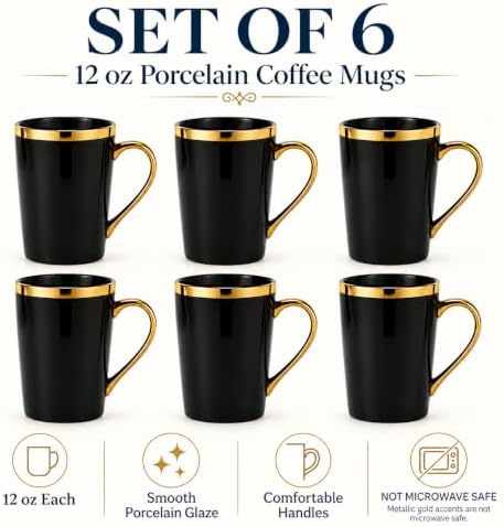 Black Gold Coffee Mugs Set of 6, 12 oz Porcelain - Image 3