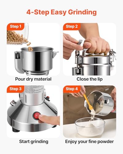 VEVOR Electric Grain Mill Grinder, 150g Commercial Spice Grinders, High Speed 850W Stainless Steel Pulverizer Powder Machine, for Dry Grains, Spices, Cereals, Coffee, Corn & Pepper, Straight Type - Image 5