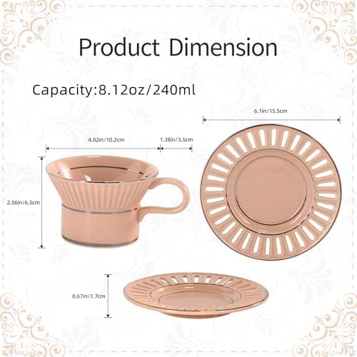 Tea Cups and Saucers Set of 2, 6.7oz Stackable Porcelain Coffee Cup, YFH8+9 - Image 2