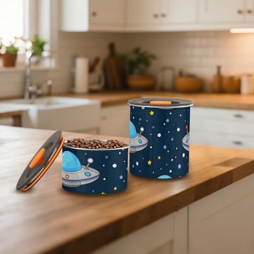 Cartoon Cute Blue-gray Spaceship Designed Storage Containers With Lids Stainless Steel Cereal Container 1 Button Opening Coffee Canister - Image 7