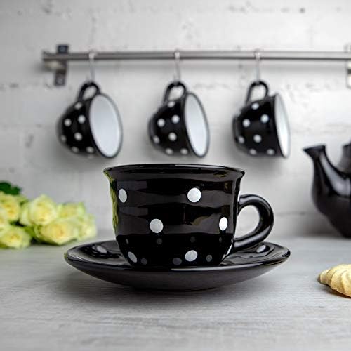 City to Cottage Handmade Black and White Polka Dot Ceramic 8.4oz/250ml | Cappuccino, Coffee, Tea Cup and Saucer, Unique Designer Pottery for Tea Lovers - Image 2