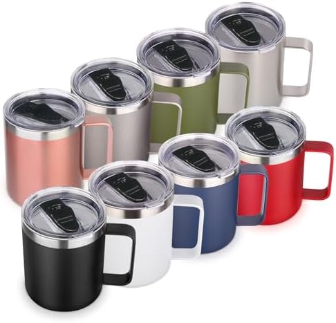 Volhoply 14oz Insulated Stainless Steel Coffee Mug with Lid Bulk 8 Pack,Double Wall Vacuum Travel Coffee Cup with Handle,Reusable Metal Cups Tumbler Cup, Camping Mugs,Ideal Gifts(Mix,8) by LiveFully%EF%BC%8CDrinkFreely%E2%80%94KeepGoingwithVolhoply%EF%BC%81