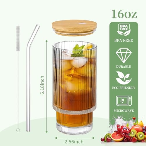 4 Pack Glass Cups with Lids and Straws, 16oz Ribbed Drinking Glasses Tumblers Durable Drinkware Water Glasses Cup Ideal Gift for Home, Kitchen, Office - Image 2
