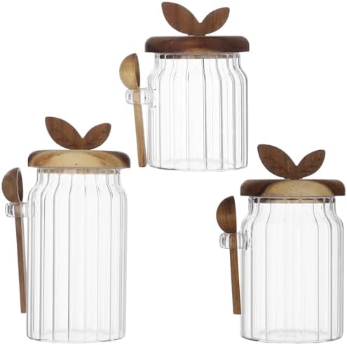 Set of 3 Striped Glass Storage Canisters with Wooden Lids and Spoons, High Borosilicate Glass, Airtight Kitchen Organization Containers for Coffee Beans, Tea, Sugar, Snacks and More - Image 4