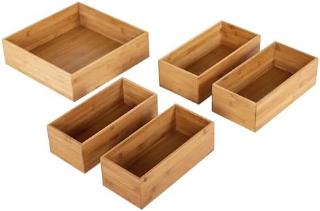 Seville Classics Bamboo Wood Storage Bins Organizer Boxes for Kitchen Counter, Pantry, Closet, Office Bedroom, Makeup, Bathroom, Nursery, K Cup, 5 Piece 3-Size (1 XL, 2L, 2M) Shelf Bin Set, Bamboo - Image 2
