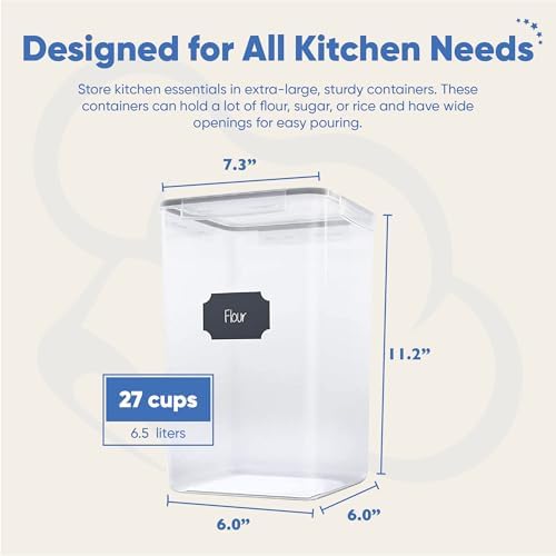 Chef's Path Extra Large Tall Airtight Food Storage Containers, Set of 4, Airtight Food Storage for Flour, Sugar, Rice, Includes Measuring Scoops, Pen, and Labels, 7qt, 220Oz, 6.5L, Transparent - Image 4