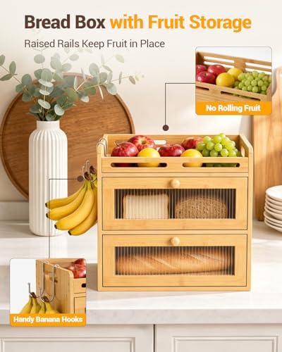 Bread Box for Kitchen Countertop, 2-Tier Bamboo Storage with Top Shelf - Image 3