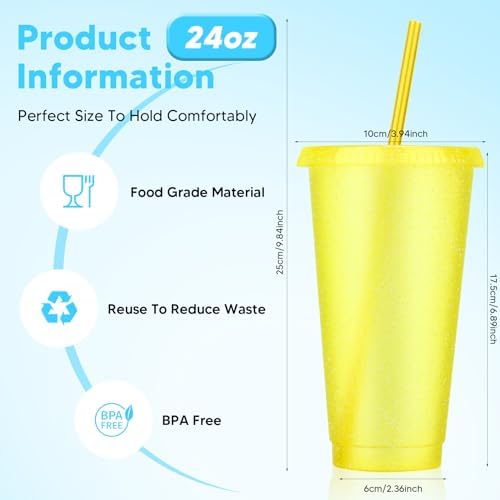 24 Pack Plastic Tumblers with Lids and Straws, Reusable Colorful Cups for Parties, Birthdays, Iced Coffee, Travel, Cold Drink Bulk Tumblers (24 oz, Yellow) - Image 2