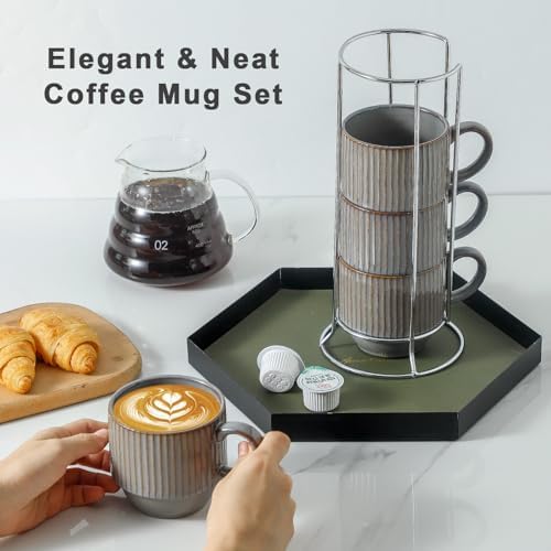 Hasense Porcelain Coffee Mugs, 12 oz Stackable Coffee Cups Ceramic with Steel Rack, Modern Ribbed Latte Cup Sets for Cappuccino, Tea, Espresso, Hot Cocoa, Drinks - Dishwasher & Microwave Safe, Brown - Image 5