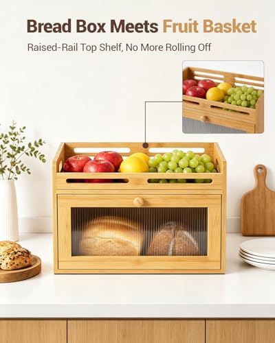 Bread Box for Kitchen Countertop, Bamboo Storage Container with Top Shelf - Image 4