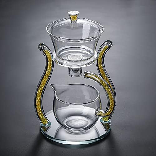 RORA Glass Teapot Set Semi Automatic Drip Rotating with Infuser Lazy Kungfu Tea pot Set (Yellow) - Image 4