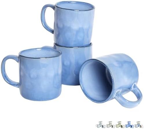 Bosmarlin Ceramic Coffee Mug Set of 4, 14 Oz, Coffee Cups with Big Handle, Microwave Safe, Unique Reactive Glaze (Blue, 14 Oz) by Bosmarlin
