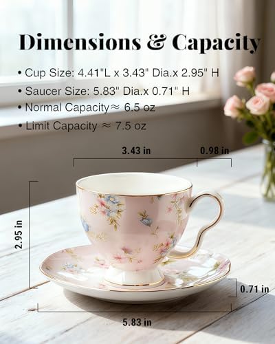 8oz Bone China Tea Cup and Saucer Set, Blush Beauty - Image 2
