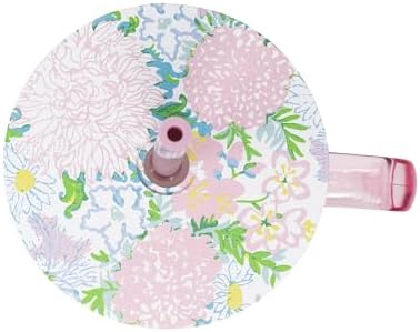 Lilly Pulitzer Pink 20 Ounce Glass Tumbler with Straw, Stylish and Reusable Drinkware for Cold Beverages, Textured Colored Glass with Handle and Pattern Lid (Lilly Garden Home) - Image 2