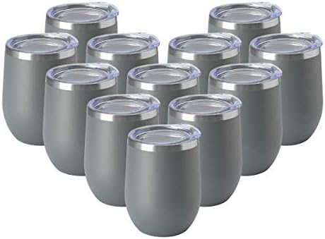 HASLE OUTFITTERS 12oz Wine Tumbler with Lid Stemless Wine Glasses Double Wall Vacuum Travel Mugs stainless steel Coffee Cup for Cold & Hot Drinks Wine Coffee Cocktails Beer 12 Pack Grey by HASLEOUTFITTERS