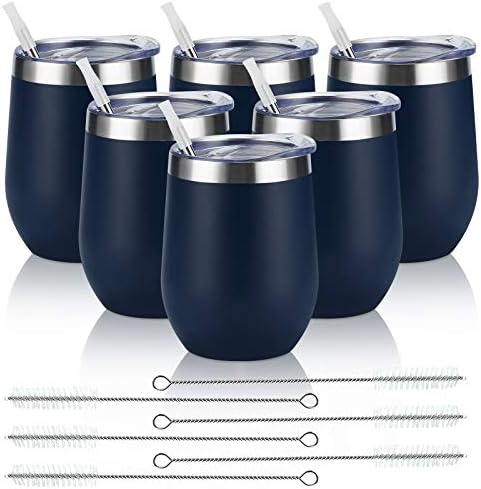 6 Pack Stainless Steel Wine Tumblers, 12Oz Insulated Wine Tumbler, Double Wall Insulated Wine Glass, Stainless Steel Stemless Wine Cups with Lids for Coffee, Wine, Cocktails, Champaign, Navy Blue by Lifecapido