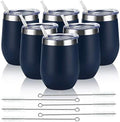 6 Pack Stainless Steel Wine Tumblers, 12Oz Insulated Wine Tumbler, Double Wall Insulated Wine Glass, Stainless Steel Stemless Wine Cups with Lids for Coffee, Wine, Cocktails, Champaign, Navy Blue by Lifecapido