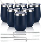 6 Pack Stainless Steel Wine Tumblers, 12Oz Insulated Wine Tumbler, Double Wall Insulated Wine Glass, Stainless Steel Stemless Wine Cups with Lids for Coffee, Wine, Cocktails, Champaign, Navy Blue by Lifecapido