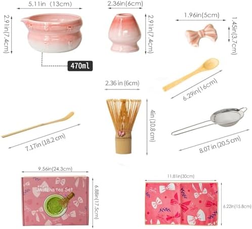 Matcha Whisk Set, 8 Pcs Japanese Ceremony Matcha Tea Powder Making Tools with Pink Bowknot Ceramic Bowl, Bamboo Whisk and Holder, Scoop, Strainer, Ideal for Mat-cha Lovers - Image 2