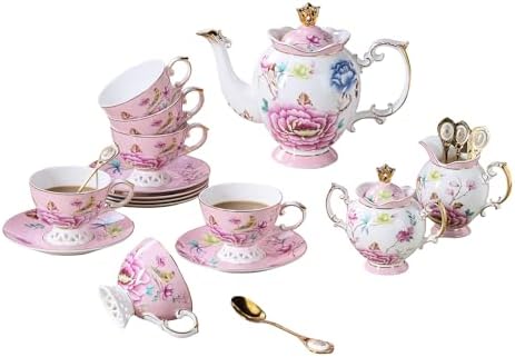 21-Piece Bone China Tea Set for 6, Vintage Floral Bird Porcelain Tea Set, Pink Tea Cups with Teapot, Sugar Bowl, Creamer & Saucers, Gold Trim, Ideal Gift for Women & Tea Lovers by PANAOAHU