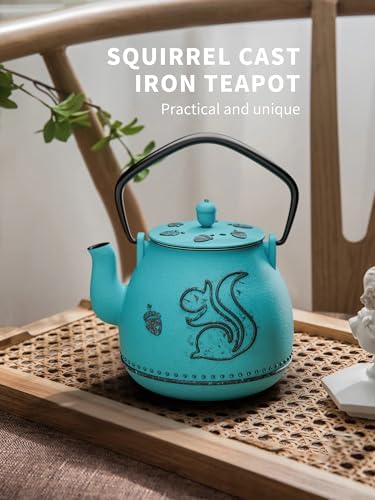 Toptier Teapot with Removable Infuser, Cast Iron Tea Kettle Stovetop Safe, Squirrel Design Tea Pot Coated with Enameled Interior for 32 Ounce (950 ml), Blue - Image 2