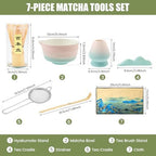 7 Pcs Matcha Whisk Set Pink, Ceramic Matcha Set Includes Matcha Bowl, Matcha Whisk And Holder, Bamboo Scoop, Scoop Rest, Sifter And Tea Towel Tea Making Kit Gift for Matcha Lovers (Gradient pink) - Image 2