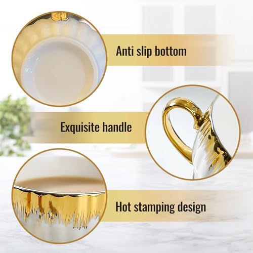 3.5oz Ceramic Turkish Coffee Cup Set of 6, British Italian Cappuccino Cups Porcelain Espresso Cups and Saucers with Gold Trim for Double Espresso Cappuccino Latte Mocha Tea - Image 3