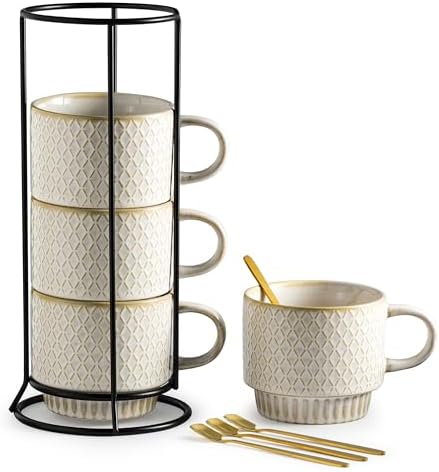Gomakren Coffee Mugs Set of 4 Ceramic Coffee Cup with Stand, Creamy White by Gomakren