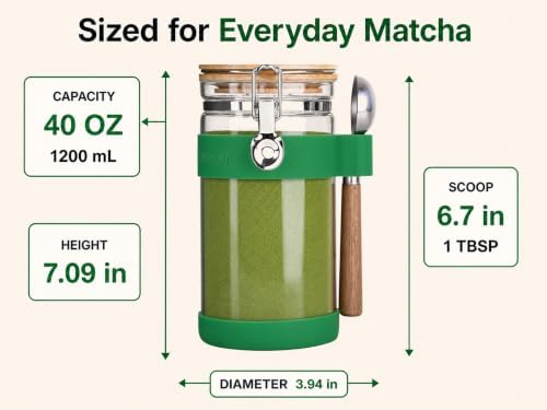 KKC Matcha Powder Storage Container Airtight Glass Jar 1200ml/40 oz - Airtight Tea Powder Canister with Bamboo Lid, Protective Sleeve & 1 TBSP Wooden Handle Scoop - Image 5