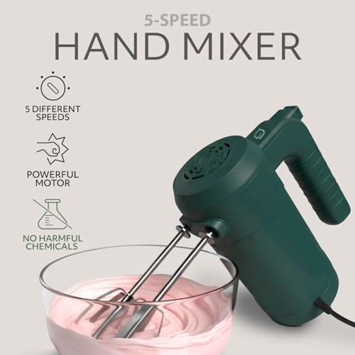 WILLOW Eco Series Electric Hand Mixer, 5 Speed Ultra Power Handheld Mixer with Stainless Steel Whisks, Beaters & Dough Hooks + Eject Button, 350W Kitchen Mixer with Snap-On Storage Case - GREEN - Image 2