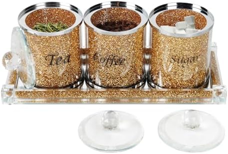 Topsky Coffee Sugar Tea Crystal Canister Set of 4,Sparkly Crystal Crushed Diamonds Home Decor,Silver Kitchen Coffee Jar Storage Set with Label & Lid,Storage Container Set for Countertop,Dining Room by HomeandKitchenNO1