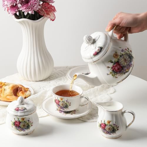 Sweejar 23 Pcs Floral Tea Sets with Metal Holder, Relief Gold Rim Porcelain Tea Sets for Adults, Cup and Saucer Set for 6, with Teapot, Sugar Bowl, Milk Jug, Spoons (Flower Style) - Image 5