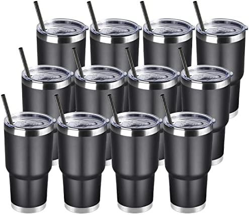 DOMICARE 30 oz Tumbler with Lid and Straw, Stainless Steel Tumblers Bulk, Insulated Vacuum Double Wall Travel Coffee Mug, Durable Powder Coated Tumbler Cups (Black, 12) by VisittheDOMICARE