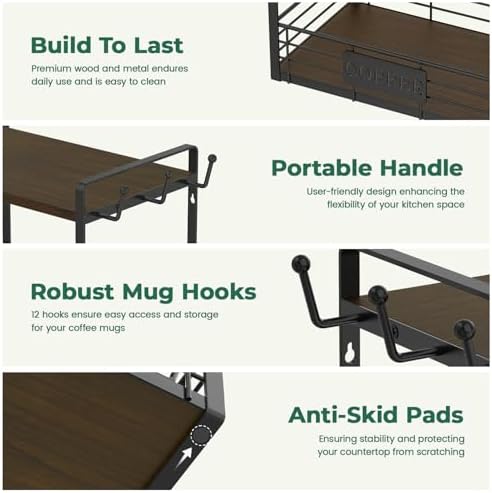 EsLuker.ly Coffee Mug Cup Holder Tree Bar Station Organizer, 2 Tier Brown - Image 3