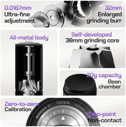 MAVO Manual Coffee Grinder, Shadow Wand Hand Coffee Grinder, Capacity 25g with CNC Stainless Steel 7-Axis Conical Burr, Adjustable Setting, Burr Coffee Bean Grinder for Pour Over, Espresso (Black) - Image 3