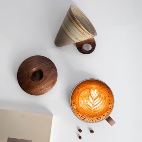 Farm Vintage Funnel Coffee Cups Set 7 Oz Ceramic Latte Mug With Saucer,Khaki Brown Espresso Cups, Cappuccino Cups,Tea Cup with Wooden Saucer and Handle Set CM08 - Image 3