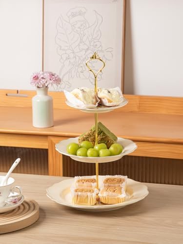 Sweejar 3 Tier Ceramic Cake Stand Wedding, Dessert Cupcake Stand for Tea Party Serving Platter(Flower Style) - Image 5