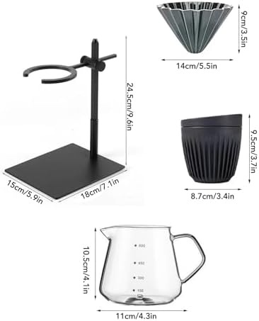 Pour Over Coffee Dripper Stand Set, Double Layer Hand Brewing Station, Professional Coffee Dripper with Glass Pot, Ceramic Filter Cup and Black Mug for Home Office Use, Adjustable - Image 2