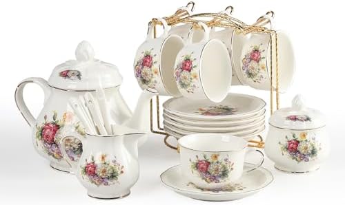 Sweejar 23 Pcs Floral Tea Sets with Metal Holder, Relief Gold Rim Porcelain Tea Sets for Adults, Cup and Saucer Set for 6, with Teapot, Sugar Bowl, Milk Jug, Spoons (Flower Style) by Sweejarco1949