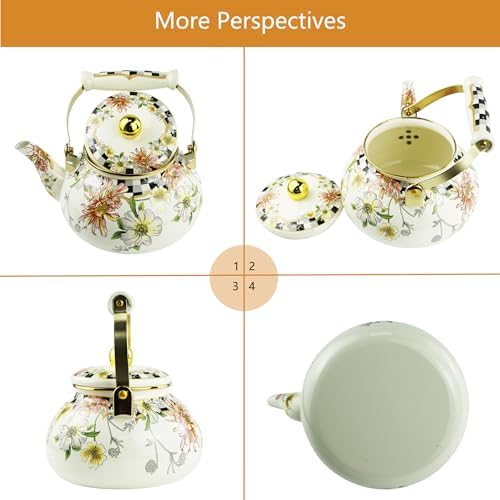 Floral Enamel Tea Kettle Bohemian Vintage Teapot Hot Water Coffee Kettle Pot 2.5L Porcelain Beige Colorful Rustic Tea Pot for Stovetop Hot Water Kitchen Decor - Image 5