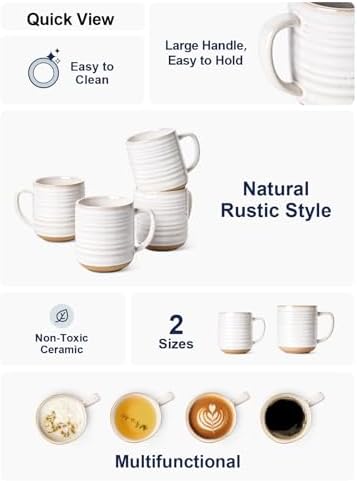 LE TAUCI Ceramic Coffee Mugs Set of 4, 12 oz, Rustic Style, Arctic White - Image 4