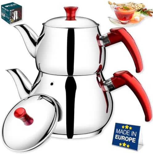 Hakan Stainless Steel 3.2 L, 107 Oz, Maxi Double Bondy Tea Pot Set with Self Strainer Double Lids, Turkish Samovar Style Teapot Set, Tea Kettle for Loose Leaf Tea with Red Bakelite Handle 3.3-Quart by HAKAN