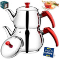 Hakan Stainless Steel 3.2 L, 107 Oz, Maxi Double Bondy Tea Pot Set with Self Strainer Double Lids, Turkish Samovar Style Teapot Set, Tea Kettle for Loose Leaf Tea with Red Bakelite Handle 3.3-Quart by HAKAN